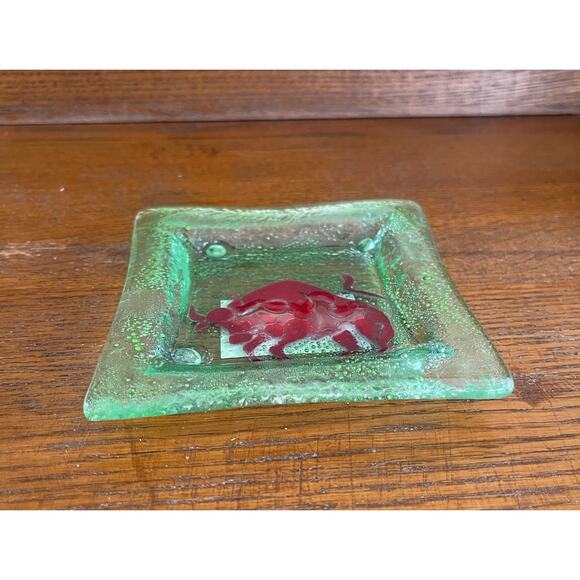 Opalo Vidrio Reposado Al Fuego Green Fused Art Glass Trinket Dish Bull Taurus 4" - Picture 2 of 10